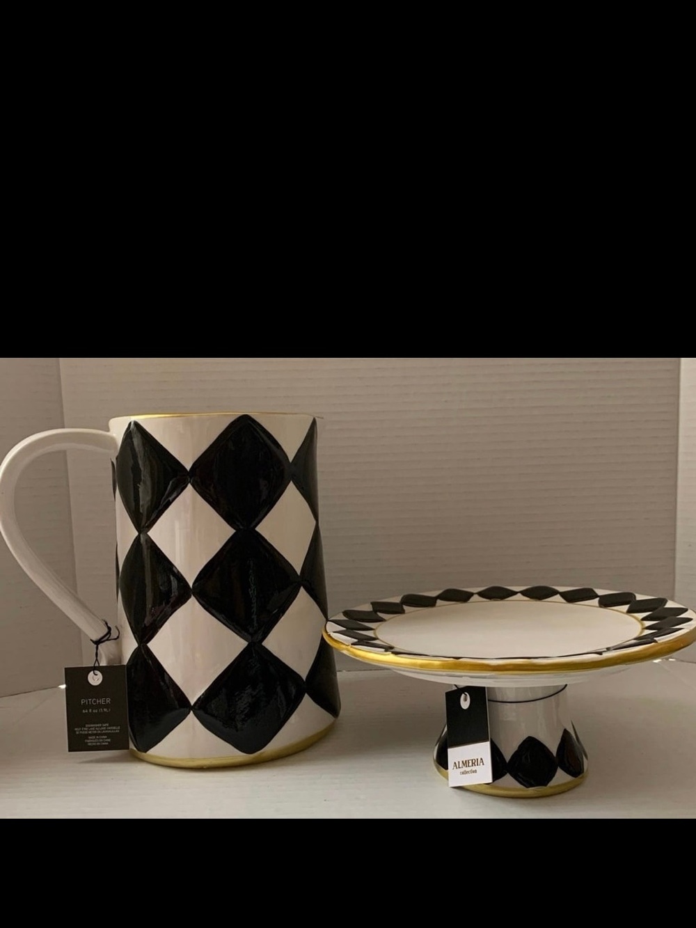 Almeria Ceramic Harlequin Checkered Cake Stand 8in Black White 64 OZ Pitcher Set